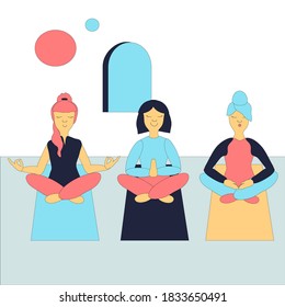 Ilustración vectorial de tres mujeres practicando yoga en posición de loto sentadas sobre alfombras en una premisa con ventana