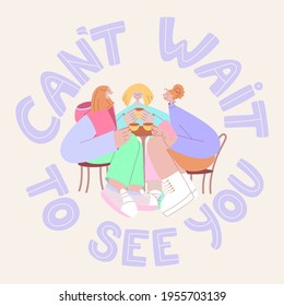Vector illustration of three women speaking to each other. Friendship and communication concept. 