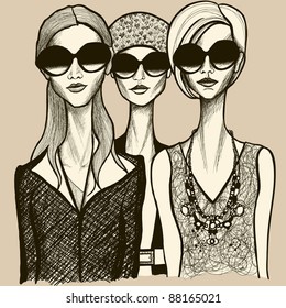 Vector illustration of three women with sunglasses