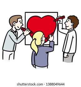 Vector illustration of three workshop participants drawing a red heart together on a poster.