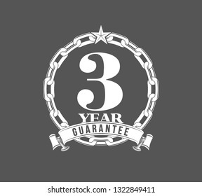 Vector illustration Three Years Warranty icon background with ribbon and anchor chain isolated on Black. Poster, label, badge or brochure template. Banner with Logo 3 years guarantee Label obligations