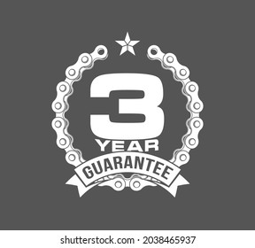 Vector illustration Three Years Warranty icon background with ribbon and moto chain isolated on Black. Poster, label, badge or brochure template. Banner with Logo 3 years guarantee Label obligations