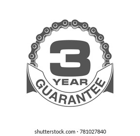 Vector illustration Three Years Warranty icon background with ribbon and moto chain isolated on white. Poster, label, badge or brochure template. Banner with Logo 3 years guarantee Label obligations