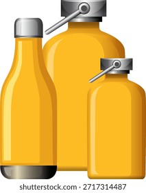 Ilustración vectorial de tres botellas amarillas con tapas metálicas, líneas limpias, estilo de color plano
