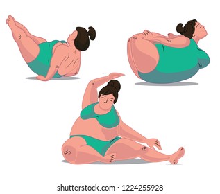 Vector illustration of three yoga poses made by plump girl. Design for book illustrations, covers, background.