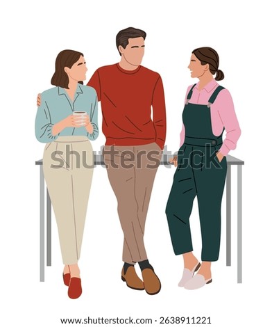 Vector illustration of three young adults casually chatting at the office. Friendly diverse coworkers standing by table, informal workplace conversation. Isolated on white background