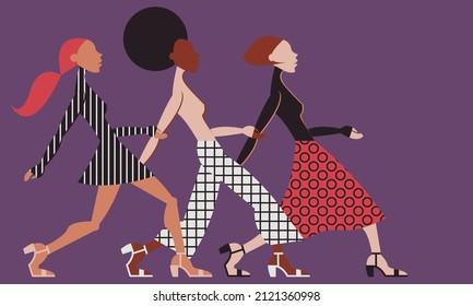 Ilustración vectorial - tres jóvenes bellas supermodelos con diferentes colores de piel están caminando en la pasarela con ropa de moda de colores modernos. Concepto - diversidad