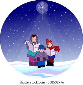 A vector illustration of three young children, dressed in winter clothing, singing Christmas carols, against a snowy, star-filled background.