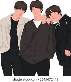 Vector illustration of three young friends in casual clothing, expressing joy and connection, showcasing friendship, warmth, and a cheerful atmosphere.
