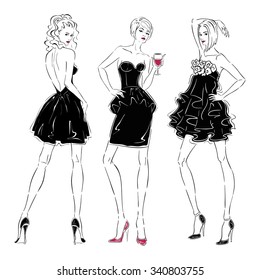 Vector illustration . Three young girls stand in a black short dress