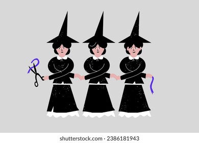 Vector illustration of three young witches with triangle hats holding each other hands. Magic mystical rite. Halloween costumes