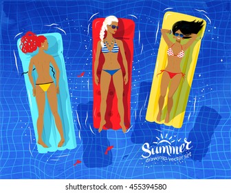 Vector illustration of three young women floating on pool rafts and sunbathing in water.
