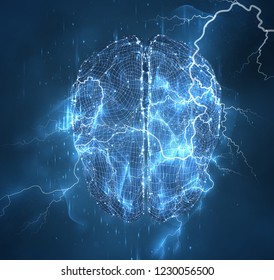 Vector illustration, three-dimensional brain on a dark background,power, element, force of nature