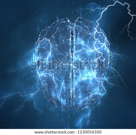 Vector illustration, three-dimensional brain on a dark background,power, element, force of nature