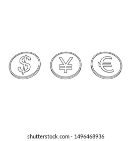 vector illustration/ three-dimensional coins/ world currency/ europe, america, asia/ money business concept