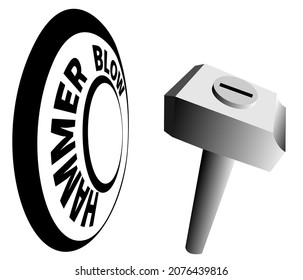 vector illustration with a three-dimensional image of a hammer in black and white for the design of logos, banners, signs and prints on clothes