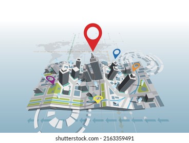 Vector illustration of a three-dimensional map with destination markers