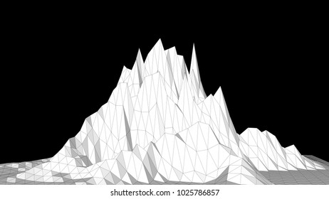 Vector illustration of a three-dimensional wireframe landscape on a black background. Abstract mountain in low polygonal style