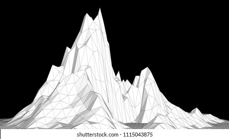 Vector illustration of a three-dimensional wireframe landscape on a black background. Abstract mountain in low polygonal style