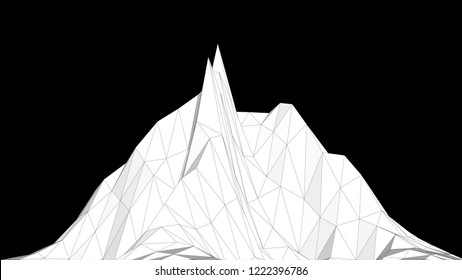 Vector illustration of a three-dimensional wireframe landscape on a black background. Abstract mountain in low polygonal style.