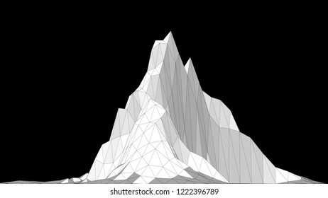 Vector illustration of a three-dimensional wireframe landscape on a black background. Abstract mountain in low polygonal style.