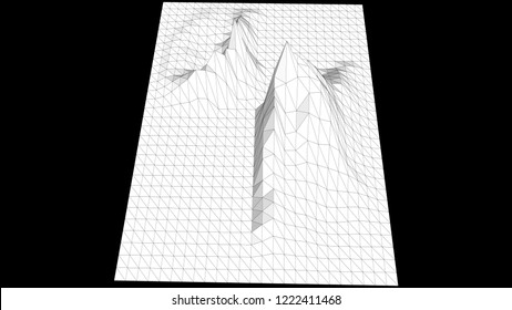 Vector illustration of a three-dimensional wireframe landscape on a black background. Abstract mountain in low polygonal style.