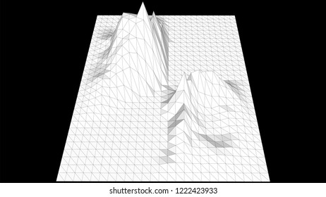 Vector illustration of a three-dimensional wireframe landscape on a black background. Abstract mountain in low polygonal style.
