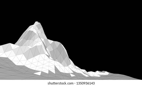 Vector illustration of a three-dimensional wireframe landscape on a black background. Abstract mountain in low polygonal style