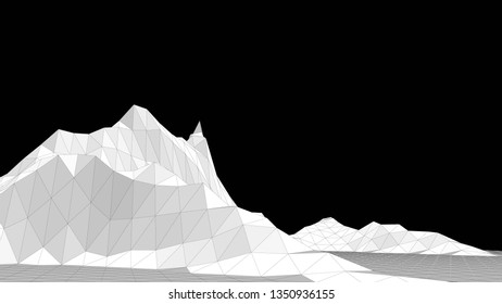 Vector illustration of a three-dimensional wireframe landscape on a black background. Abstract mountain in low polygonal style