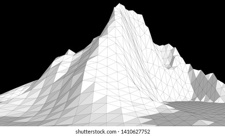 Vector illustration of a three-dimensional wireframe landscape on a black background. Abstract mountain in low polygonal style. Triangular surface.