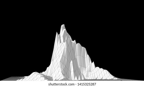 Vector illustration of a three-dimensional wireframe landscape on a black background. Abstract mountain in low polygonal style. Triangular surface.