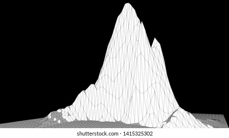 Vector illustration of a three-dimensional wireframe landscape on a black background. Abstract mountain in low polygonal style. Triangular surface.
