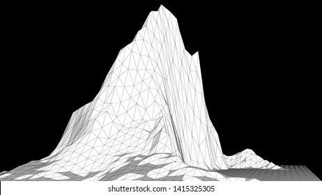 Vector illustration of a three-dimensional wireframe landscape on a black background. Abstract mountain in low polygonal style. Triangular surface.