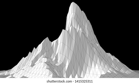 Vector illustration of a three-dimensional wireframe landscape on a black background. Abstract mountain in low polygonal style. Triangular surface.