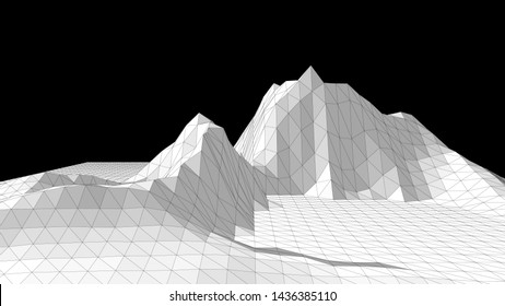 Vector illustration of a three-dimensional wireframe landscape on a black background. Abstract mountain in low polygonal style. Triangular surface.