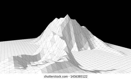 Vector illustration of a three-dimensional wireframe landscape on a black background. Abstract mountain in low polygonal style. Triangular surface.