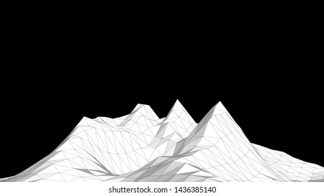 Vector illustration of a three-dimensional wireframe landscape on a black background. Abstract mountain in low polygonal style. Triangular surface.