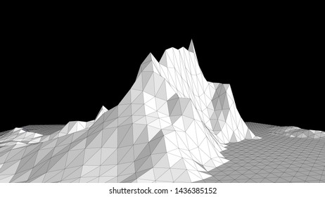 Vector illustration of a three-dimensional wireframe landscape on a black background. Abstract mountain in low polygonal style. Triangular surface.