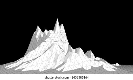 Vector illustration of a three-dimensional wireframe landscape on a black background. Abstract mountain in low polygonal style. Triangular surface.