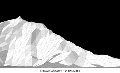 Vector illustration of a three-dimensional wireframe landscape on a black background. Abstract mountain in low polygonal style. Triangular surface.