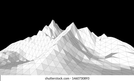 Vector illustration of a three-dimensional wireframe landscape on a black background. Abstract mountain in low polygonal style. Triangular surface.