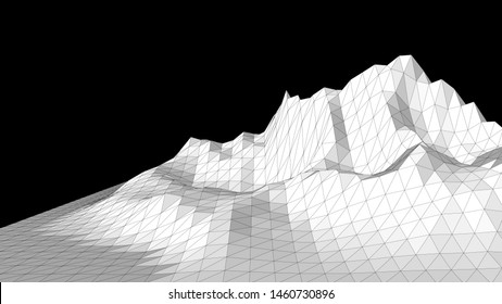 Vector illustration of a three-dimensional wireframe landscape on a black background. Abstract mountain in low polygonal style. Triangular surface.