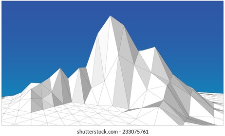 Vector illustration of a  three-dimensional wire-frame landscape against blue background