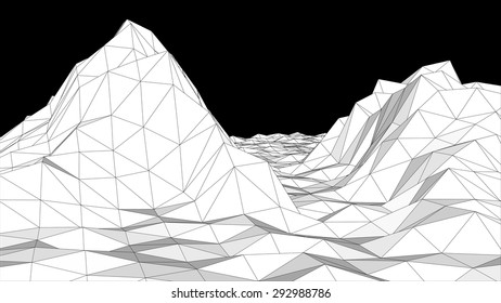 Vector illustration of a three-dimensional wireframe landscape composed of triangular polygons