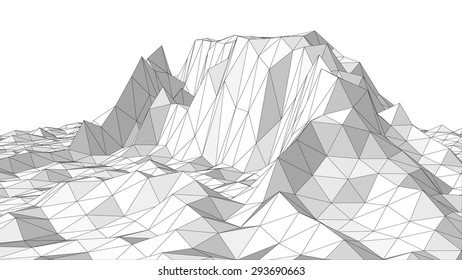 Vector illustration of a three-dimensional wireframe landscape composed of triangular polygons