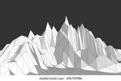 Vector illustration of a three-dimensional wireframe landscape consisting of triangular polygons