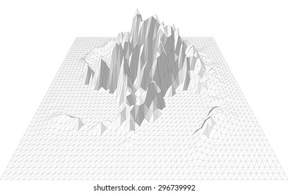 Vector illustration of a three-dimensional wireframe landscape consisting of triangular polygons