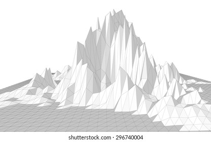 Vector illustration of a three-dimensional wireframe landscape consisting of triangular polygons