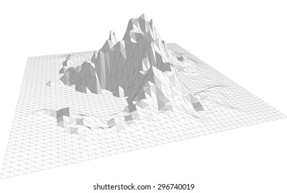 Vector illustration of a three-dimensional wireframe landscape consisting of triangular polygons