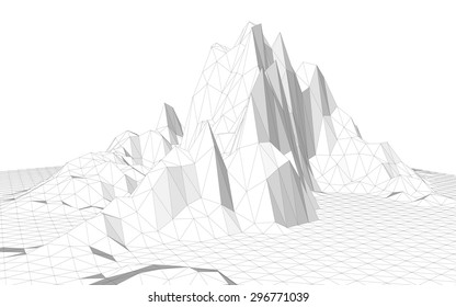 Vector illustration of a three-dimensional wireframe landscape consisting of triangular polygons